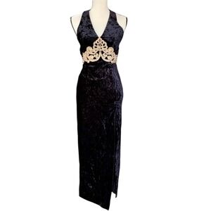Jessica McClintock Crushed Velvet 90s Y2K Vintage Gown Halter Gold Sheath